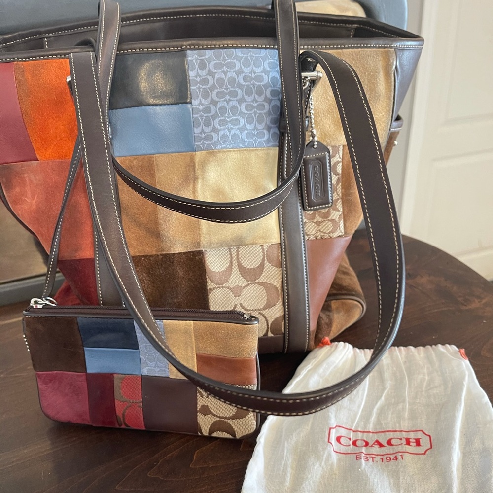 Coach Suede and Leather Patchwork Tote w/ Wallet